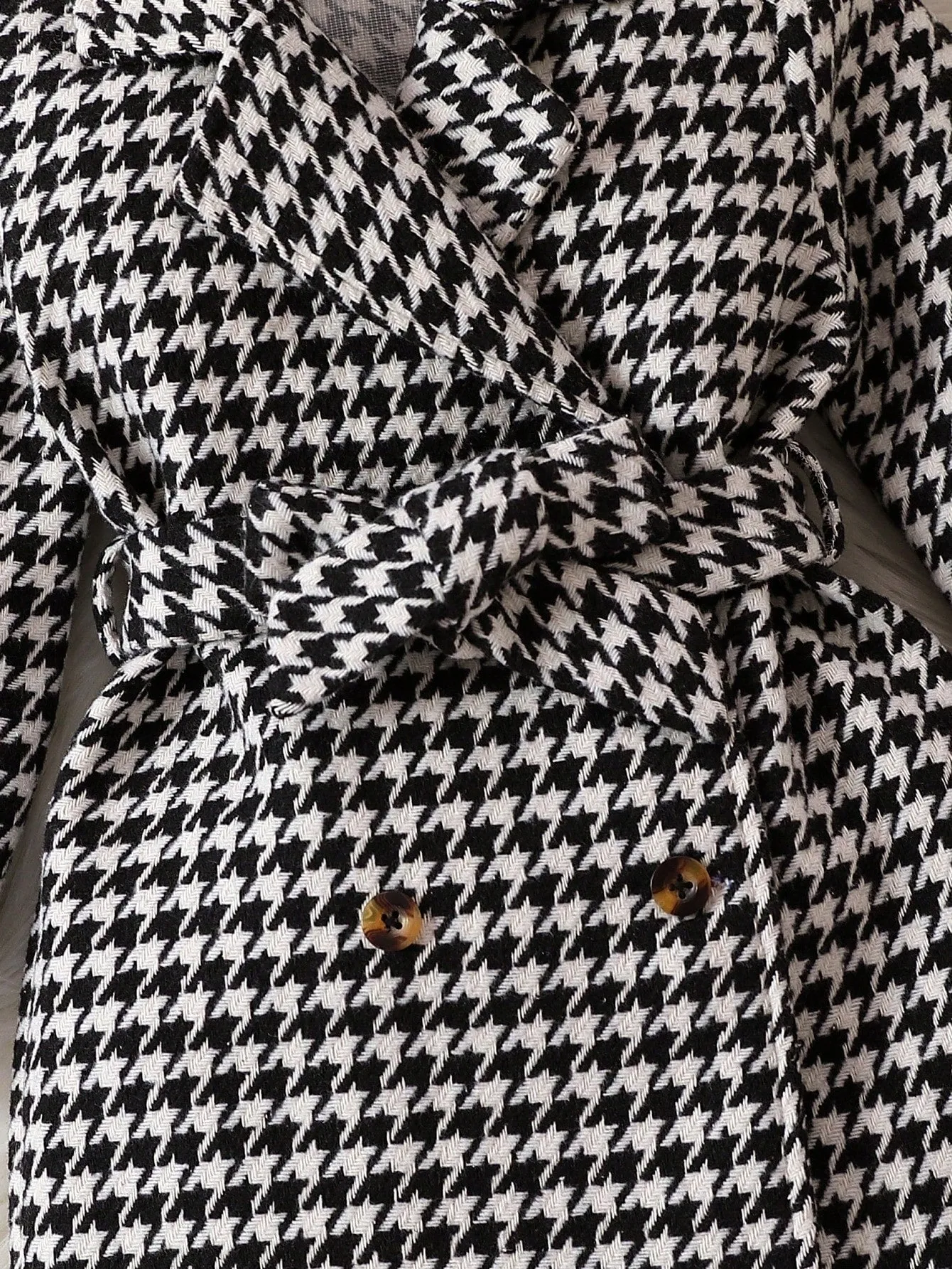 SHEIN Young Girl 1pc Houndstooth Print Double Breasted Belted Tweed Overcoat FD
