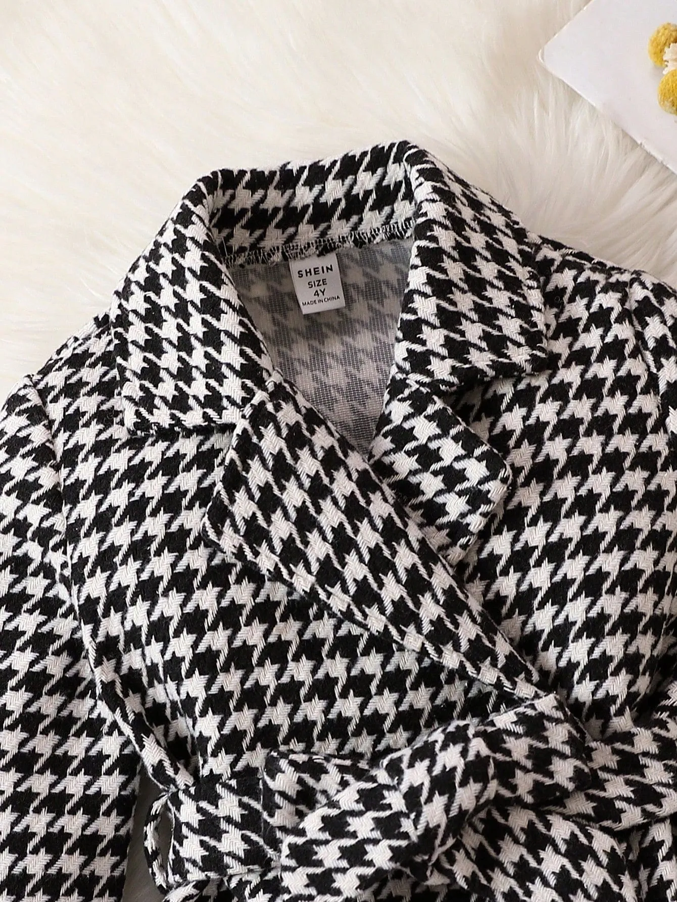 SHEIN Young Girl 1pc Houndstooth Print Double Breasted Belted Tweed Overcoat FD