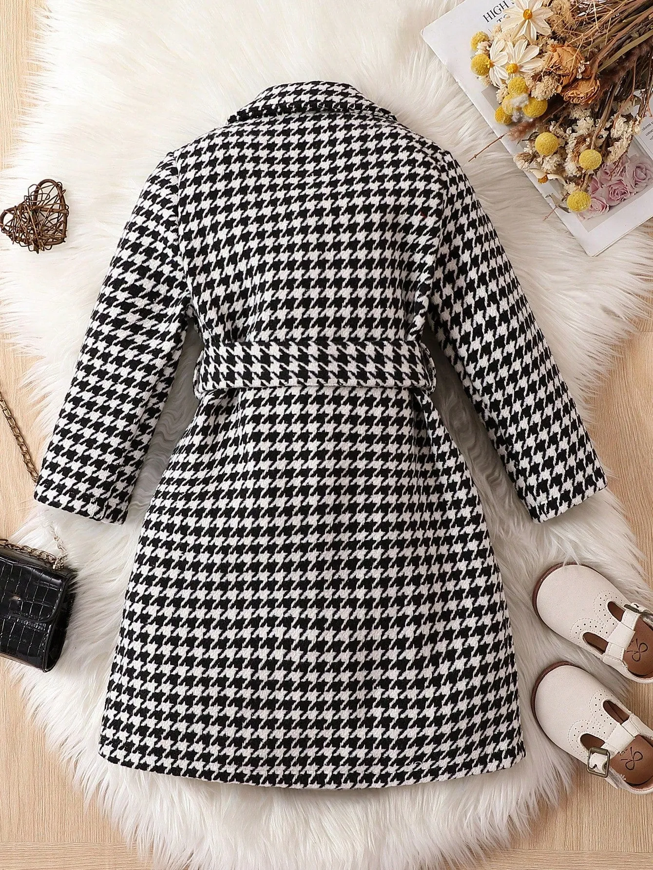 SHEIN Young Girl 1pc Houndstooth Print Double Breasted Belted Tweed Overcoat FD