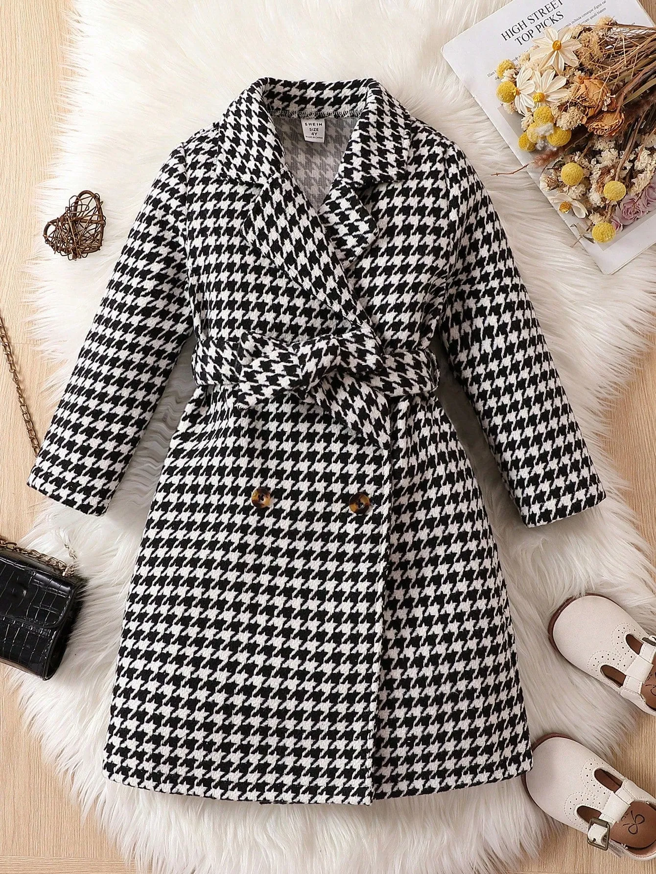 SHEIN Young Girl 1pc Houndstooth Print Double Breasted Belted Tweed Overcoat FD