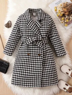 SHEIN Young Girl 1pc Houndstooth Print Double Breasted Belted Tweed Overcoat FD