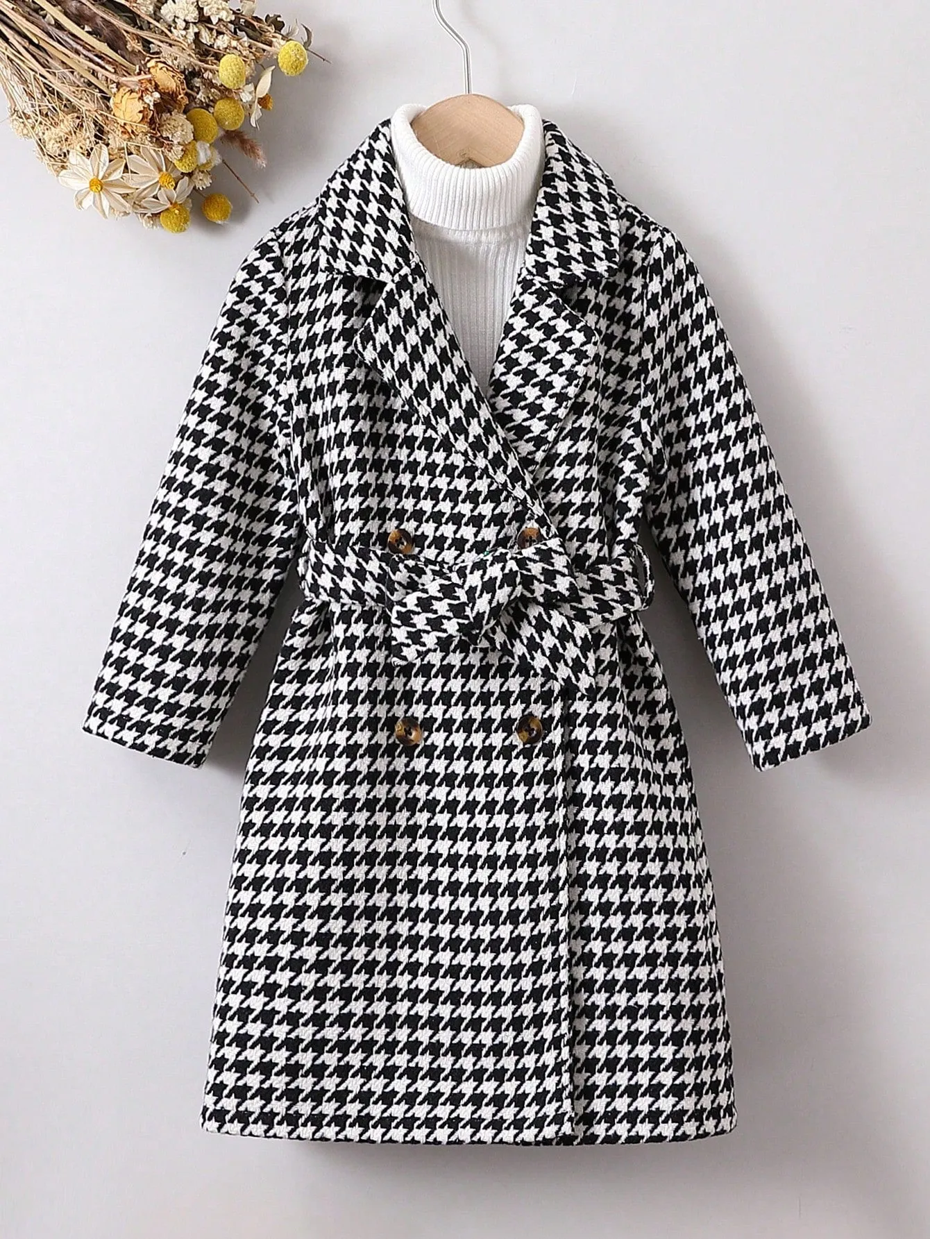 SHEIN Young Girl 1pc Houndstooth Print Double Breasted Belted Tweed Overcoat FD