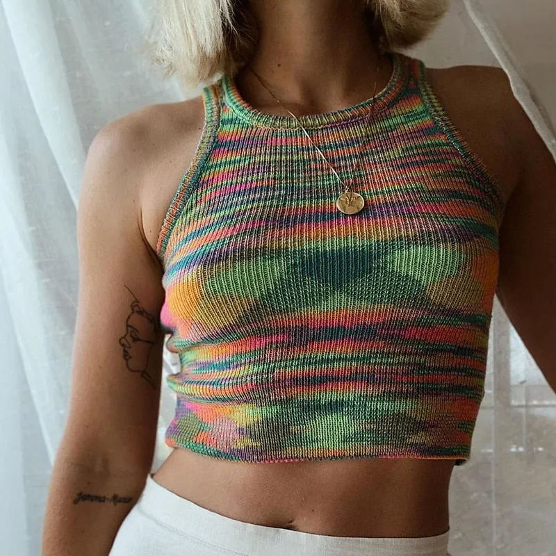 Women Vest Tanks Crop Top Sexy Sleeveless Round Neck Knitted Slim Tank Tops Clothes Tees for Female Ladies Summer New